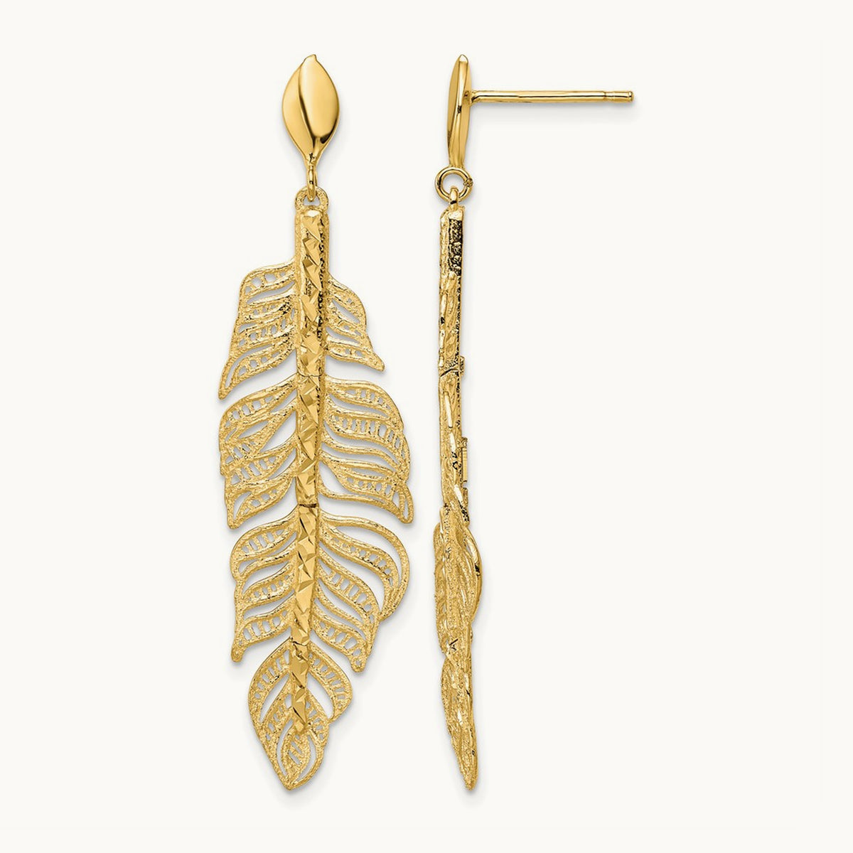 Polished D/C Textured Leaf Post Dangle Earrings, 14K — Leslie's