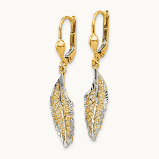 Polished and Textured Leaf Leverback Earrings, 14K with Rhodium