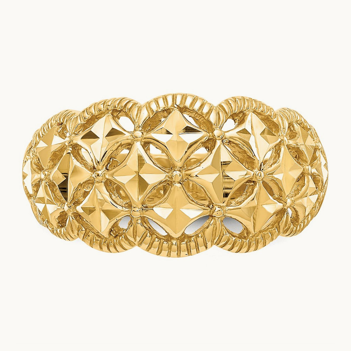 Diamond-cut Scalloped Edge Pattern Dome Ring, 14K