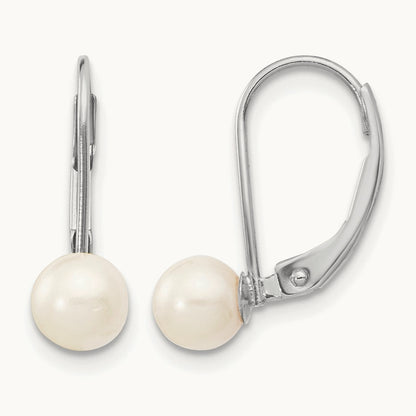 5- Round White Saltwater Akoya Pearl Leverback Earrings, 6mm, 14K White Gold