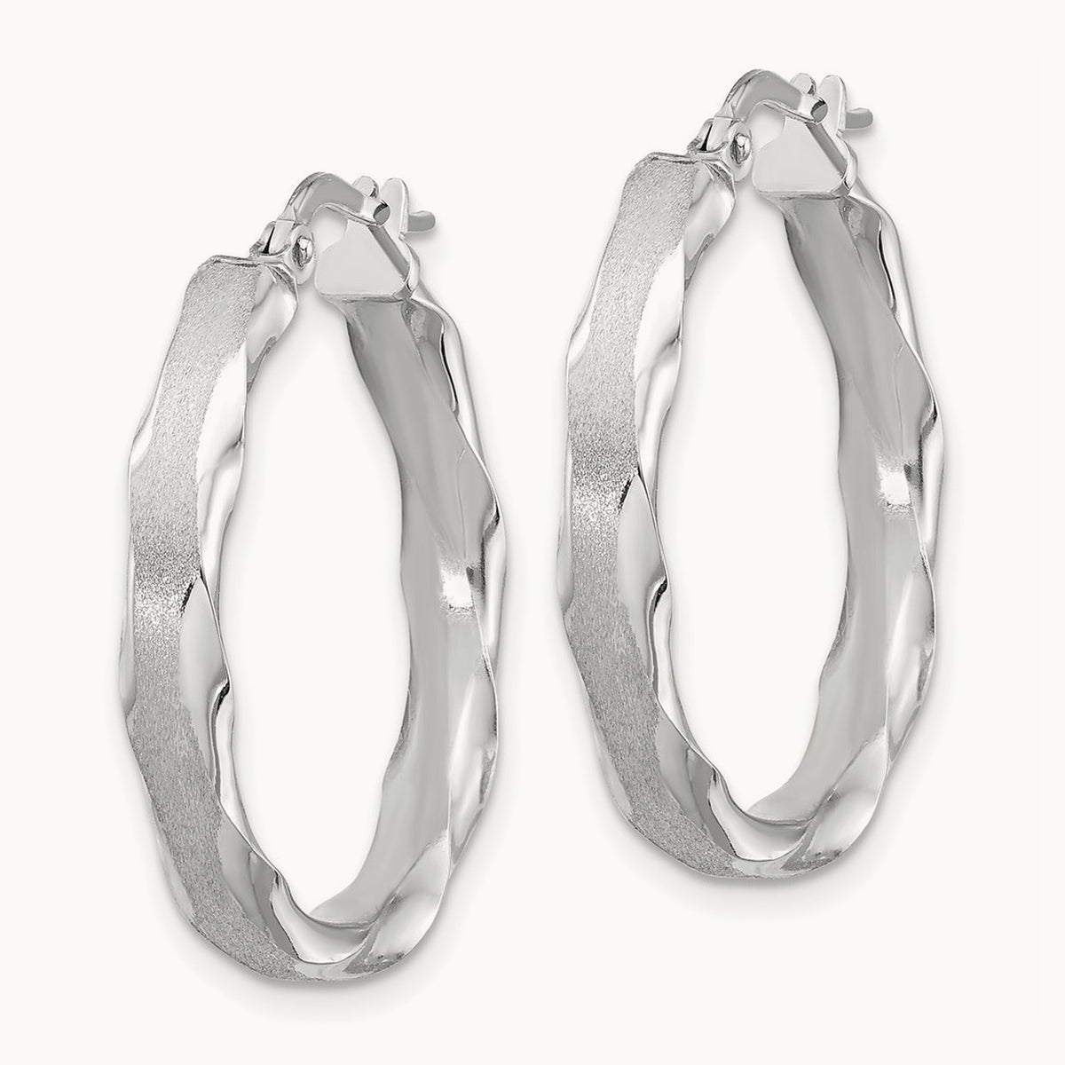 Satin and Polished Scalloped Edge Hoop Earrings — 14K White Gold