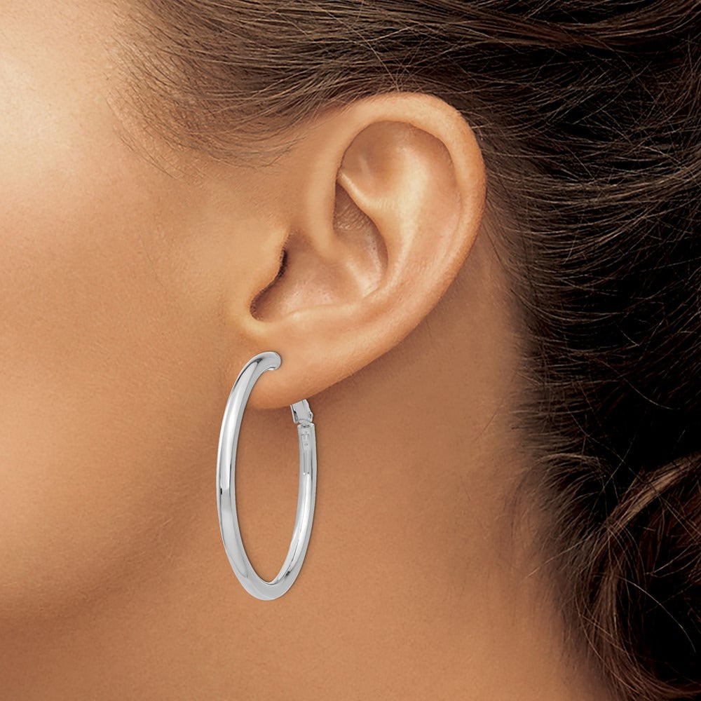 Polished Round Omega Back Hoop Earrings — 14K White Gold, 3x41mm