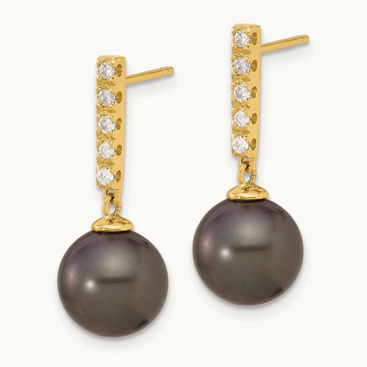 9- Round Black Tahitian Pearl and .20ct Dia Post Dangle Earrings, 10mm, 14K