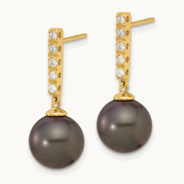 9- Round Black Tahitian Pearl and .20ct Dia Post Dangle Earrings, 10mm, 14K