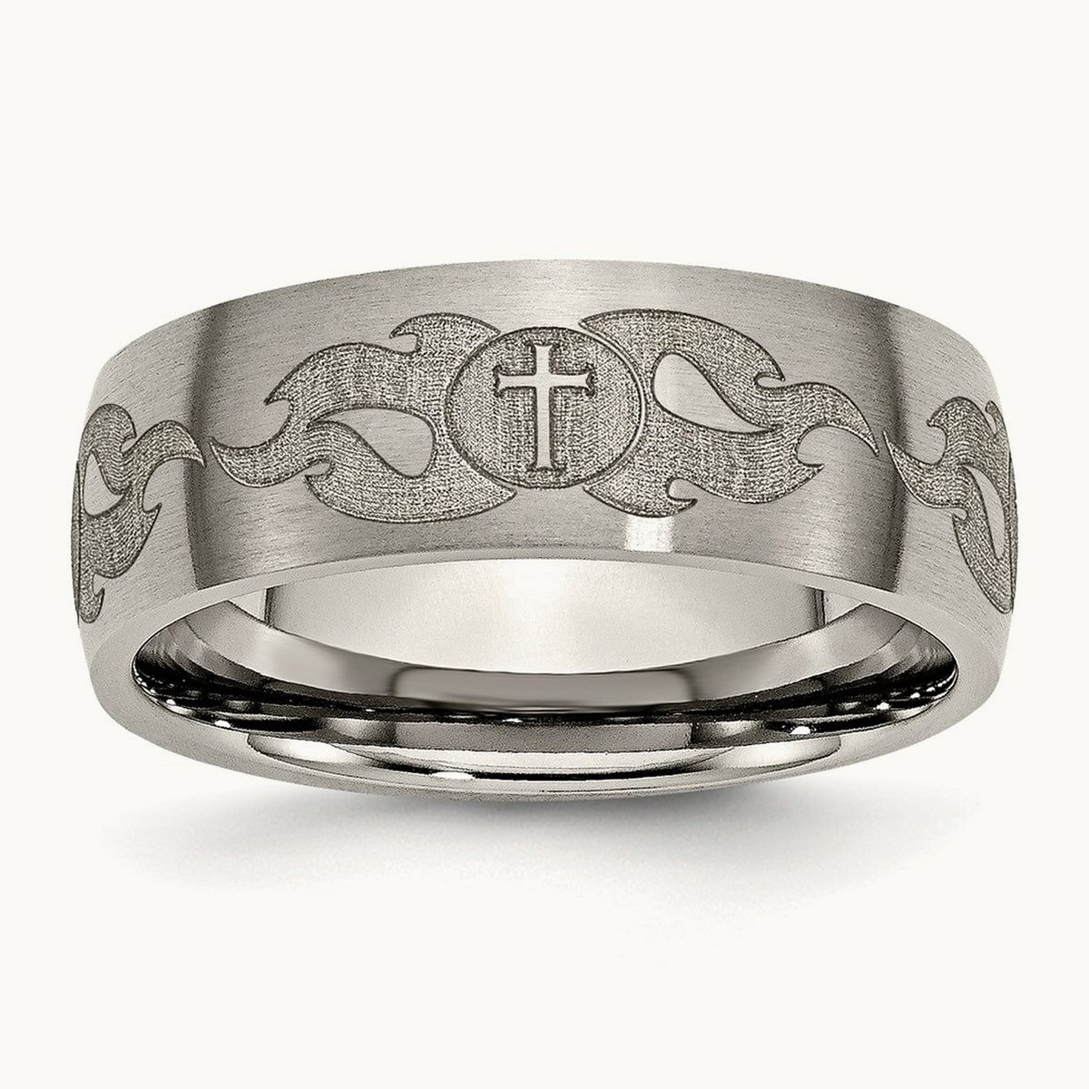Brushed Cross with Flames Laser Design Band — photo set
