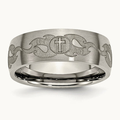 Brushed Cross with Flames Laser Design Band — photo set