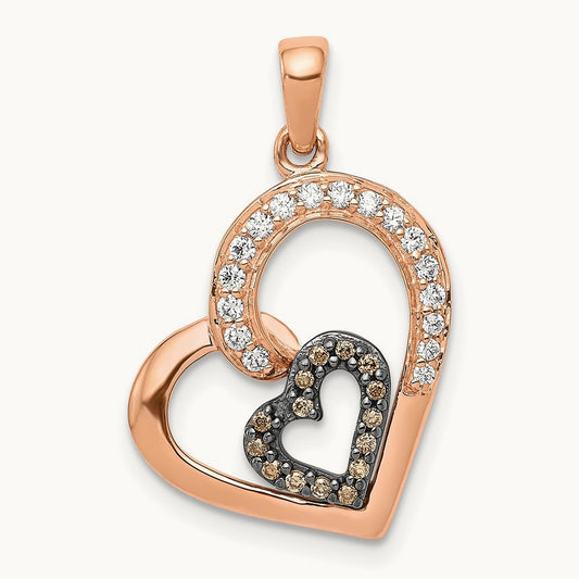 Champagne and White Diamond Hearts Pendant, 14K Rose Gold