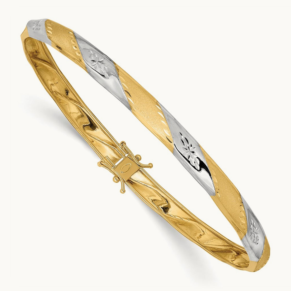 Polished Satin Diamond-cut Flexible Bangle — 14K Two-Tone Gold
