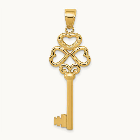 Polished 3D Hearts KEY TO MY HEART Key Charm, 14K