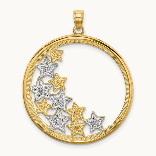 w/Rhodium Stars in Round Frame Charm, 14K