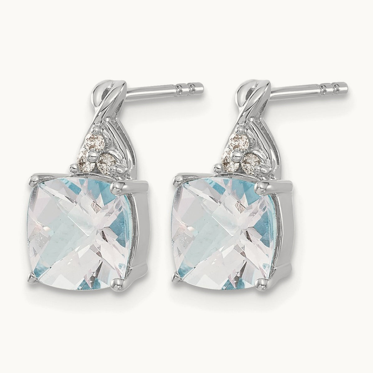 Checkerboard Aquamarine and Diamond Earrings — 14K White Gold