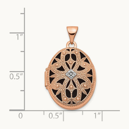 w/Diamond & Black Fabric Vintage Oval Locket, 21mm, 14K Rose Gold