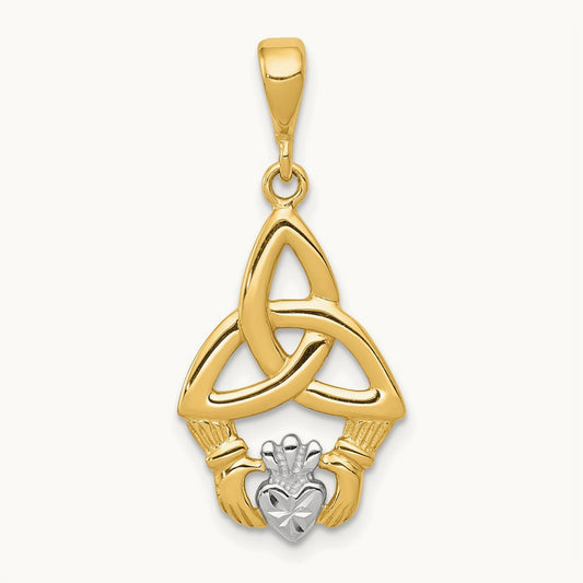 Rhodium Diamond-cut Claddagh Pendant, 14K