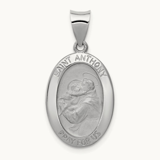 Polished / Satin St. Anthony Medal Hollow Pendant, 14K White Gold