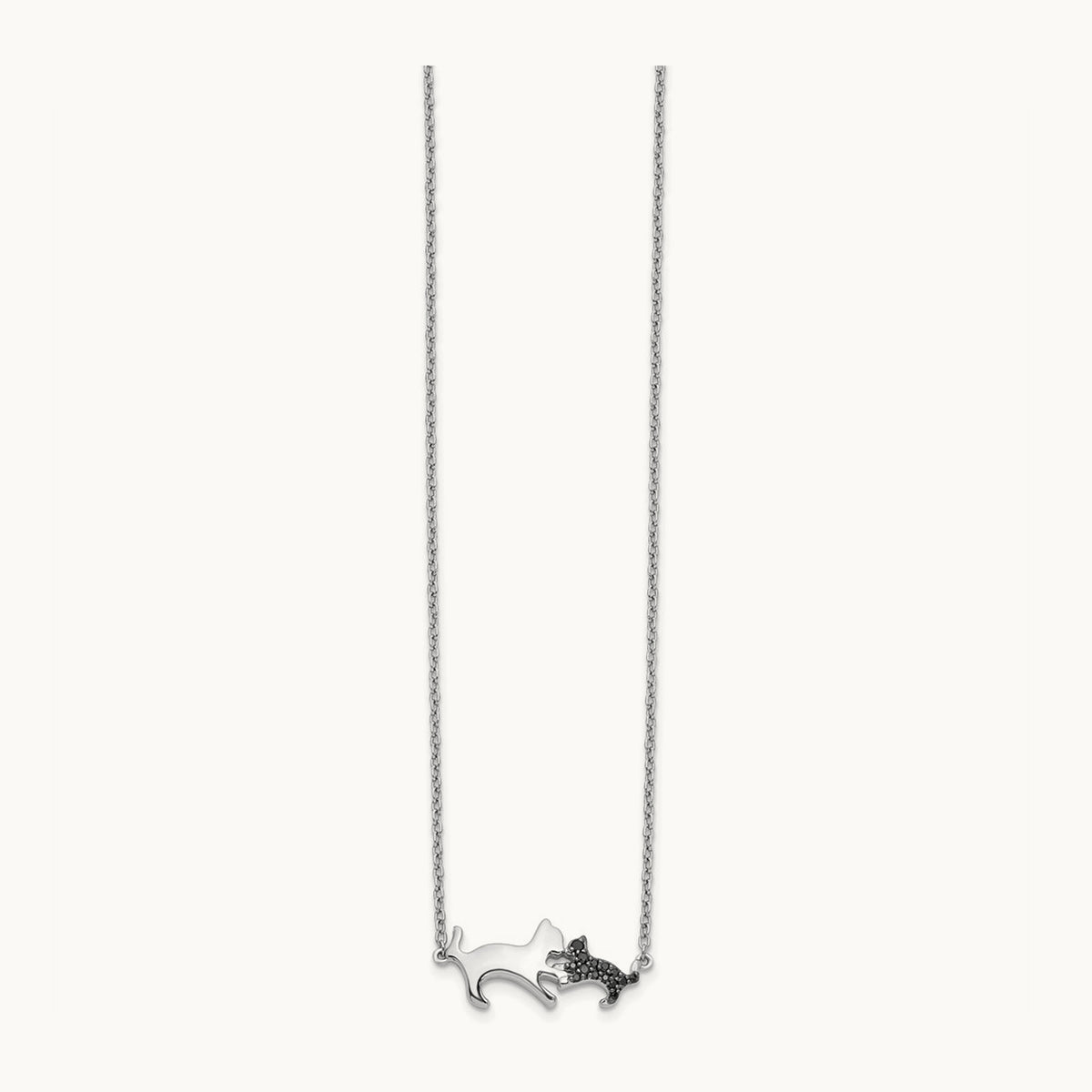 Black Diamond Mother and Baby Cat 18 inch Necklace, 14K White Gold