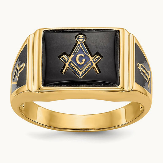 Men's Polished & Textured w/ Black Enamel & Onyx Masonic Ring, 14K