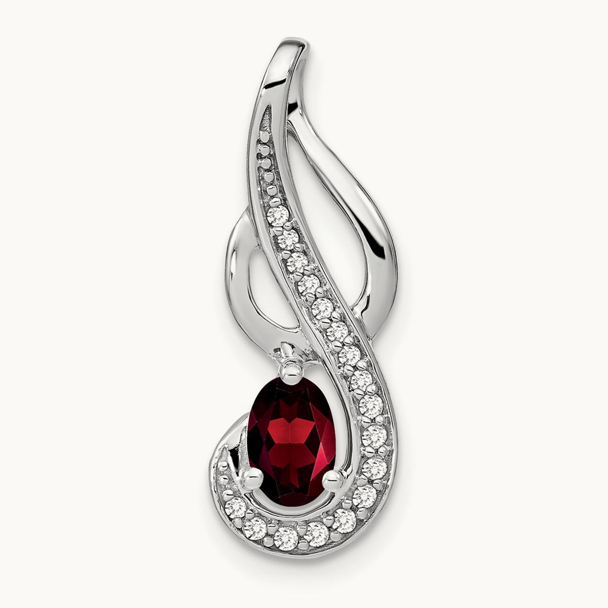 Garnet and Diamond Swirl Pendant — 14K White Gold