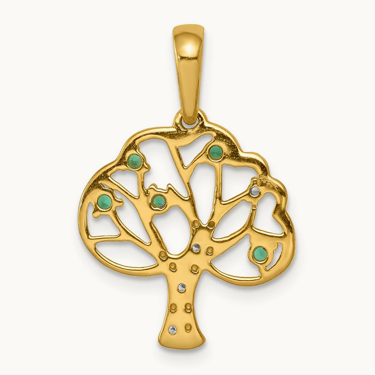 Created Emerald and Diamond Polished Tree Pendant, 14K