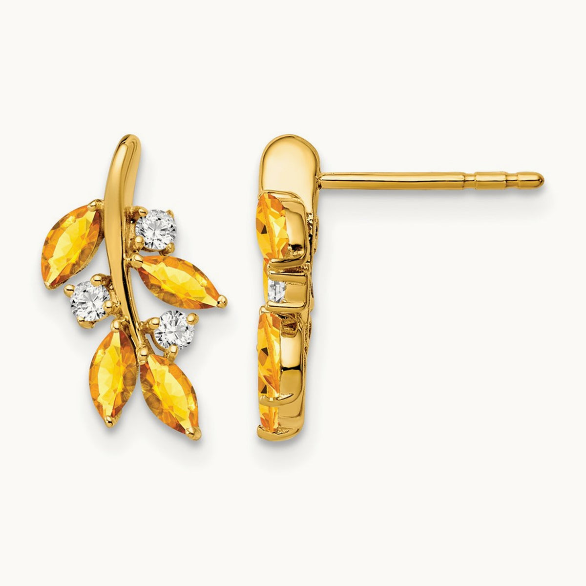 Citrine and Diamond Leaf Earrings, 14K