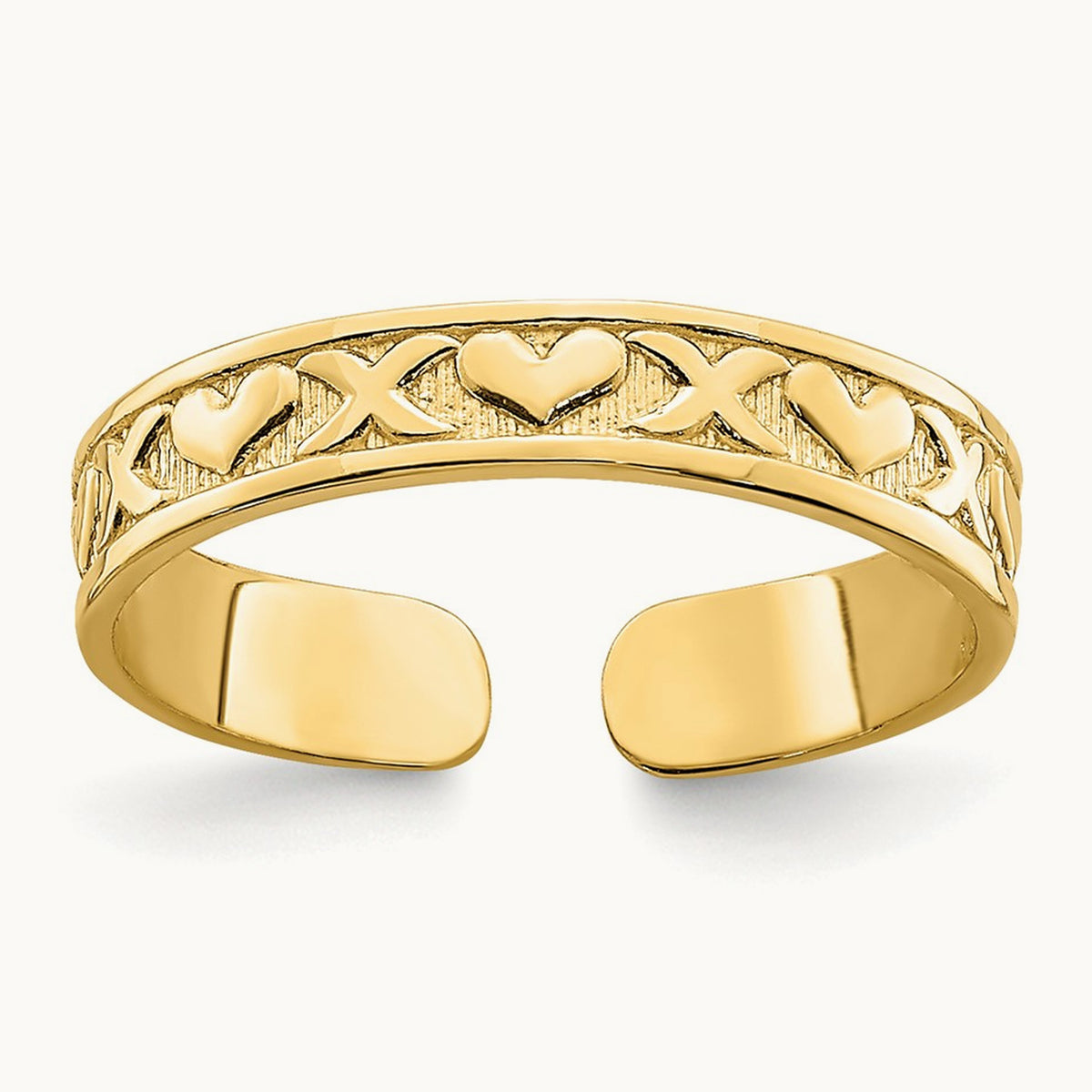 Small X and Hearts Adjustable Toe Ring — 14K Yellow Gold