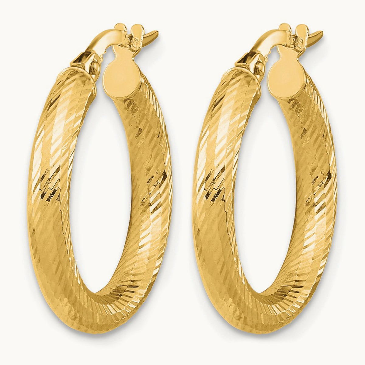 3x15 Diamond-cut Round Hoop Earrings — 14K Yellow Gold