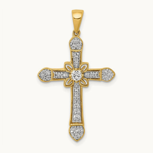 Filigree Cross Pendant, 0.25 ct tw Lab-Grown Diamond — 14K Yellow Gold