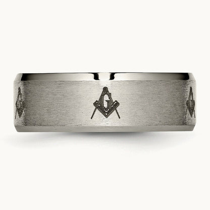 Brushed/Polished Masonic Laser Design Beveled Edge Band — photo set