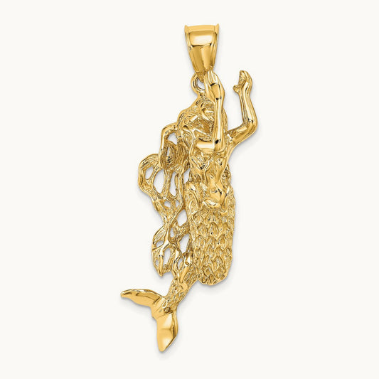 3-D Textured Large Mermaid Charm, 14K