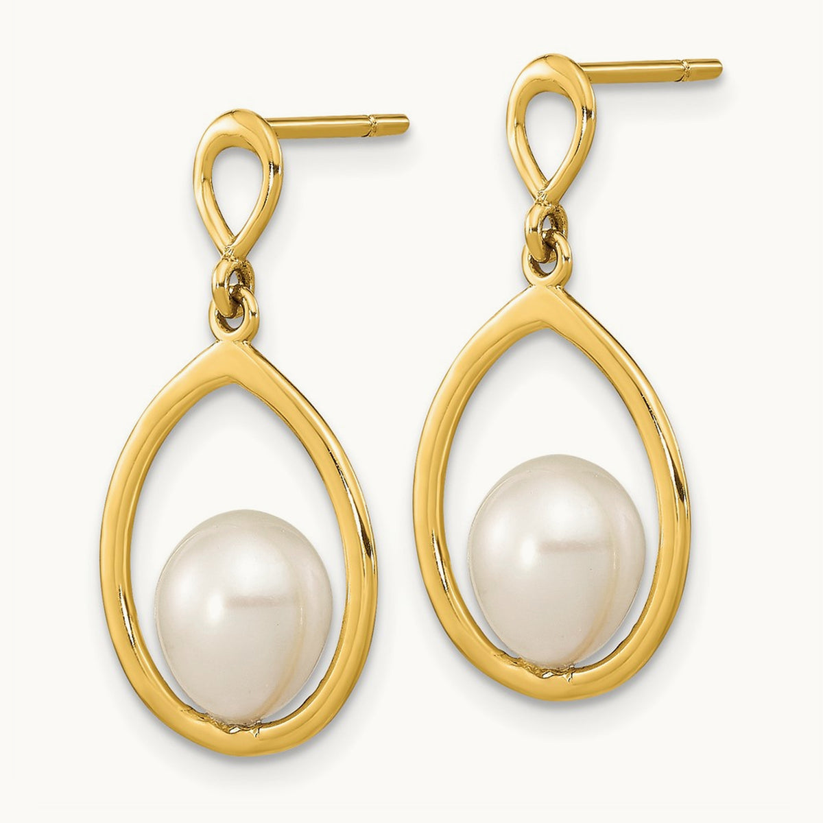 6- Teardrop White FWC Pearl Dangle Earrings, 7mm, 14K
