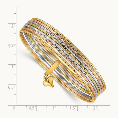 w/Dangle Heart Tri-color Set of 7 Textured Slip-on Bangles, 14K