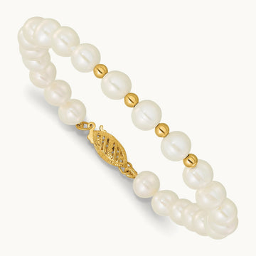 6- White FW Cultured Pearl 18in. Necklace 7.25 Bracelet Earring Set, 7mm, 14K