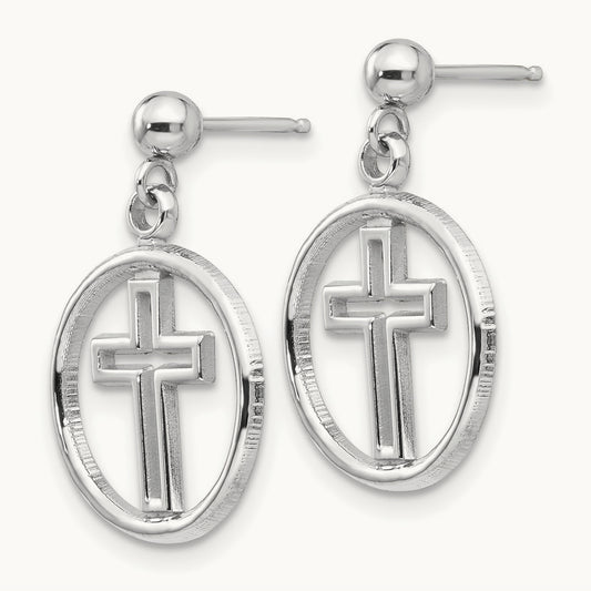 Polished Eternal Life Cross Dangle Post Earrings, 14K White Gold