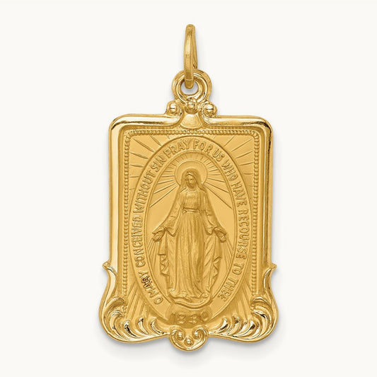 Solid Polished/Satin Large Rectangle Framed Miraculous Medal, 14K