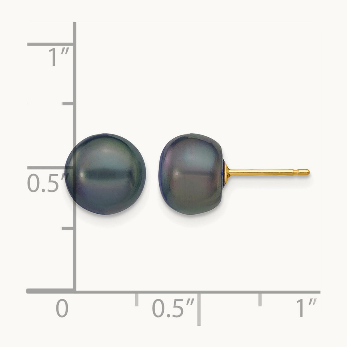 Black Button Freshwater Cultured Pearl Stud Post Earrings — 14K Yellow Gold