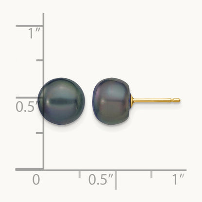 Black Button Freshwater Cultured Pearl Stud Post Earrings — 14K Yellow Gold