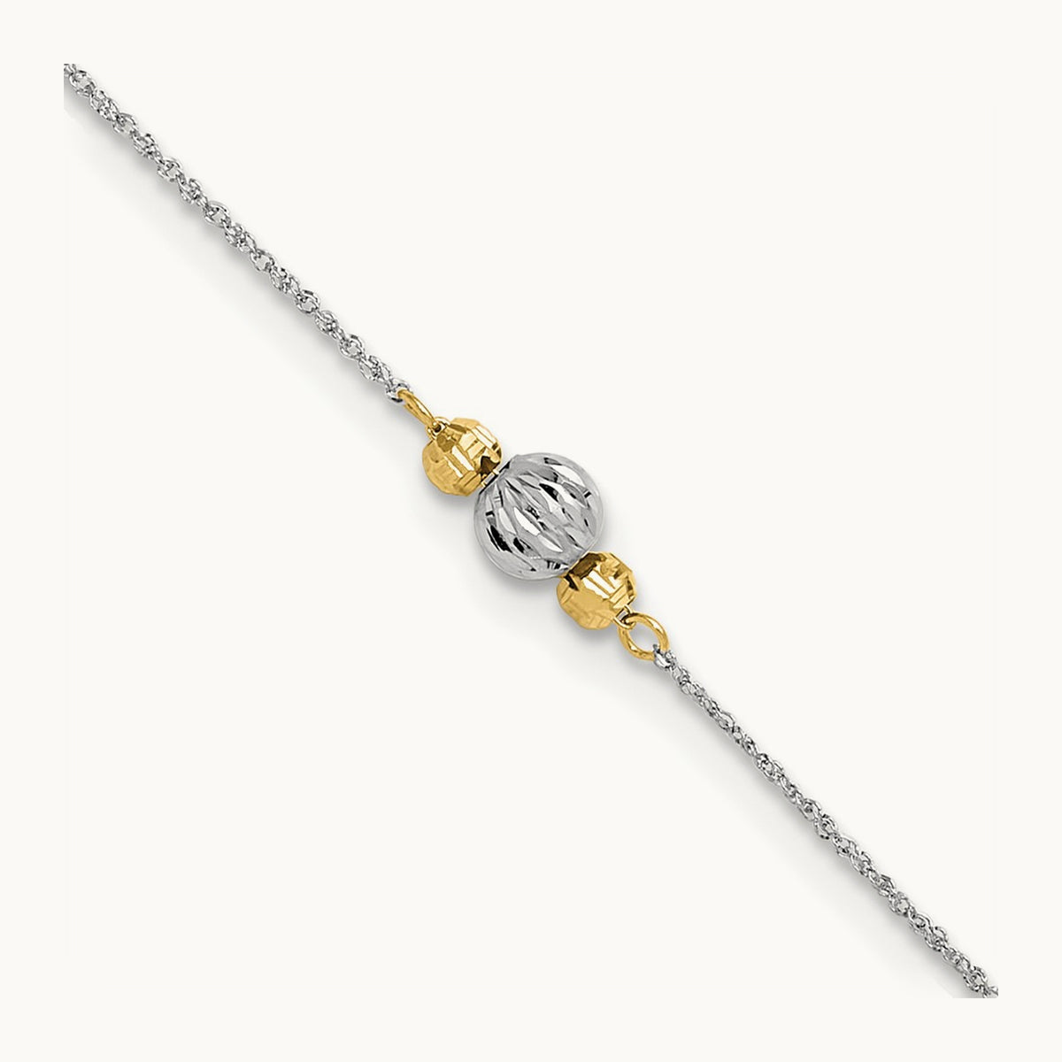 Ropa Two-tone Diamond Cut Bead 9in Plus 1in Ext. Anklet, 14K White Gold