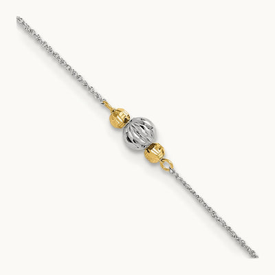 Ropa Two-tone Diamond Cut Bead 9in Plus 1in Ext. Anklet, 14K White Gold