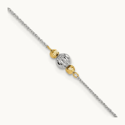 Ropa Two-tone Diamond Cut Bead 9in Plus 1in Ext. Anklet, 14K White Gold