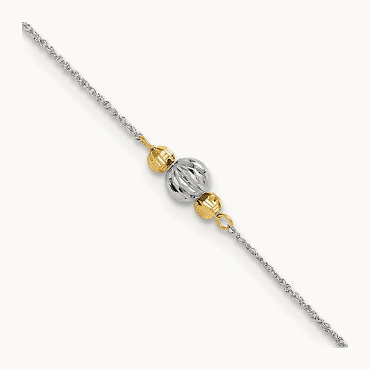 Ropa Two-tone Diamond Cut Bead 9in Plus 1in Ext. Anklet, 14K White Gold