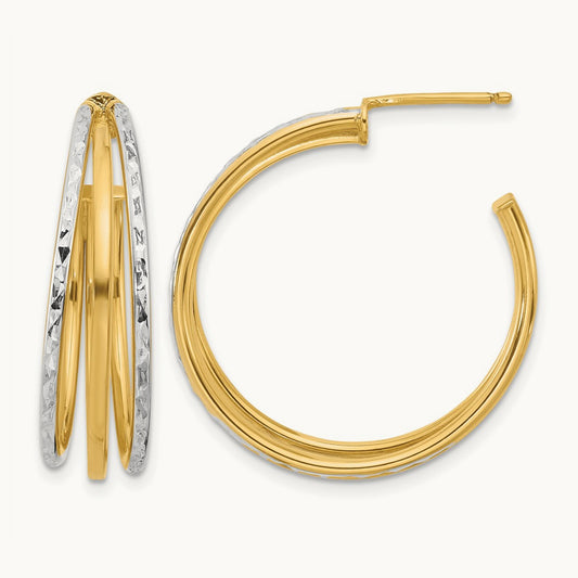 w/White Rhodium and D/C 3-Row Round J-Hoop Post Earrings, 14K — Leslie's