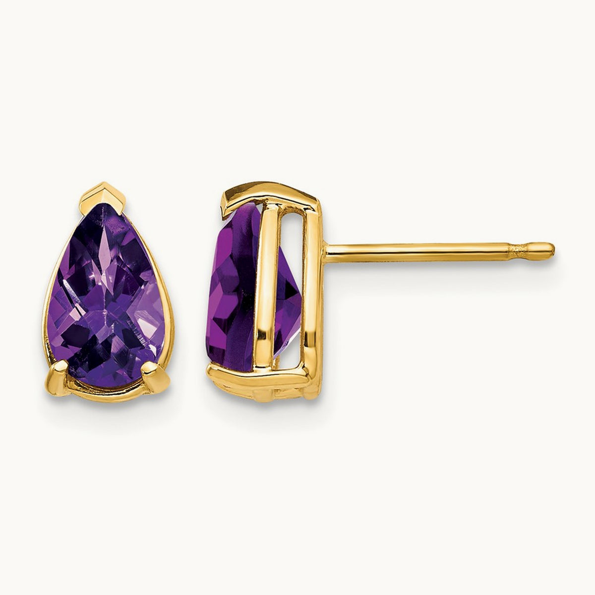 8x5mm Pear Amethyst Checker Earrings, 14K