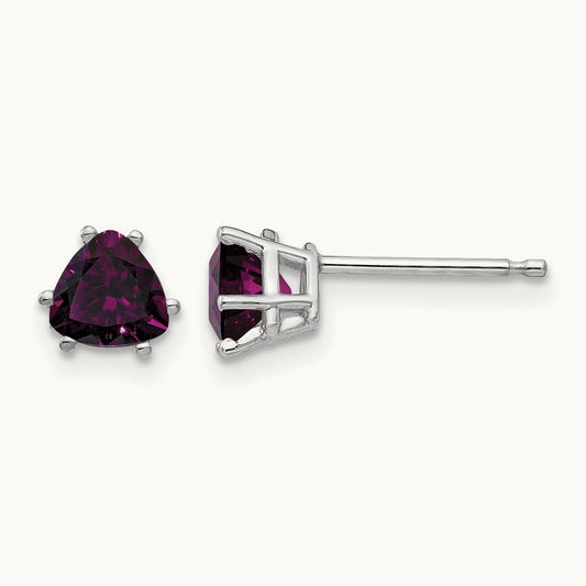 Rhodolite Garnet Trillion Stud Earrings, 14K White Gold