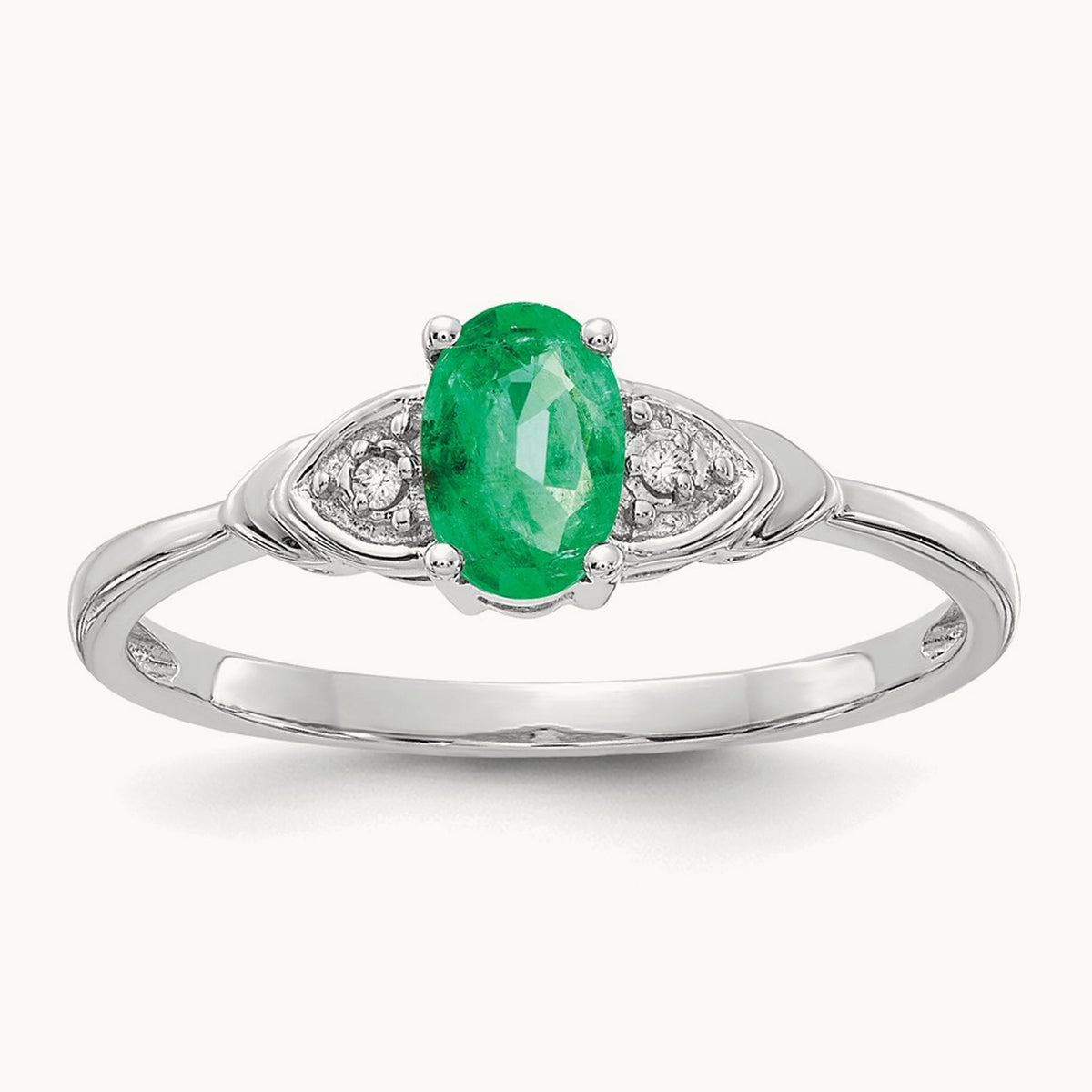 Emerald and Diamond Ring — 14K White Gold, 7