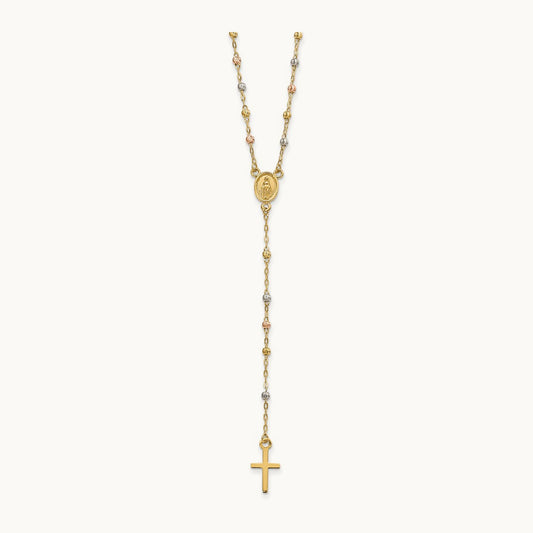 Tri-color Beaded Rosary 17 inch w/ 3in ext Necklace, 14K