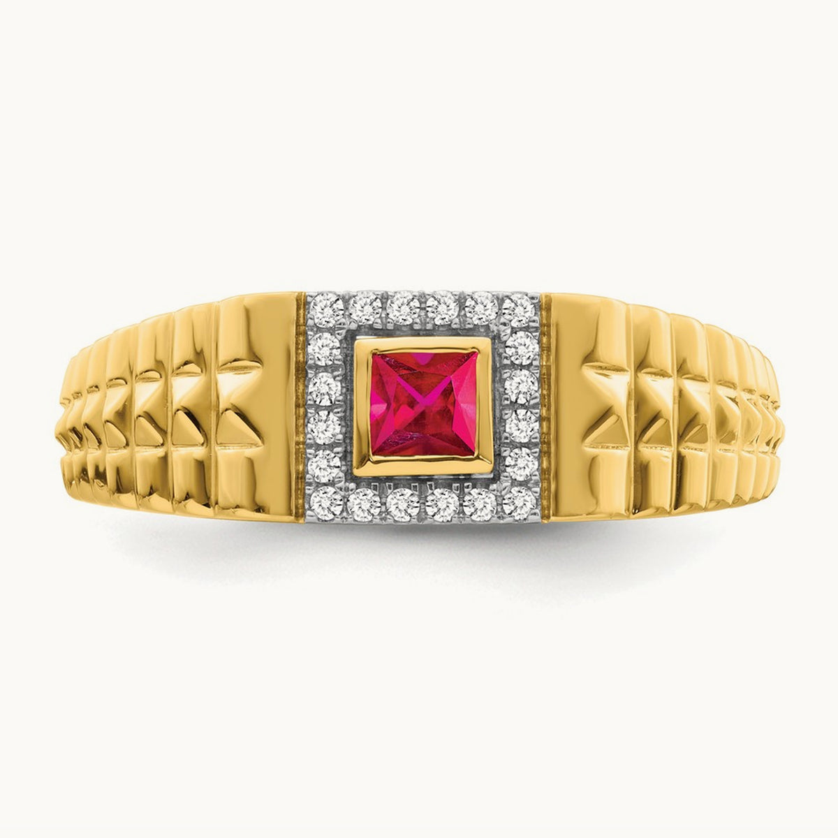 Square Ruby and Diamond Mens Ring, 14K