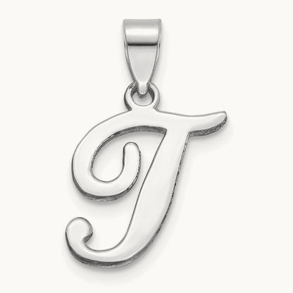 White Gold Script Letter T Initial Pendant, 14K White Gold