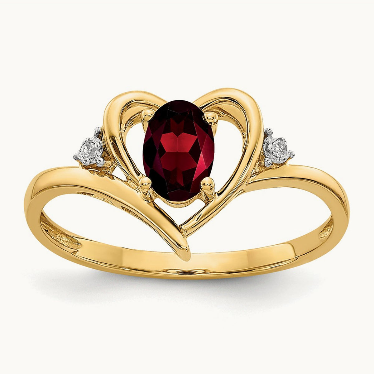 Garnet and Diamond Heart Ring — 14K Yellow Gold, 7