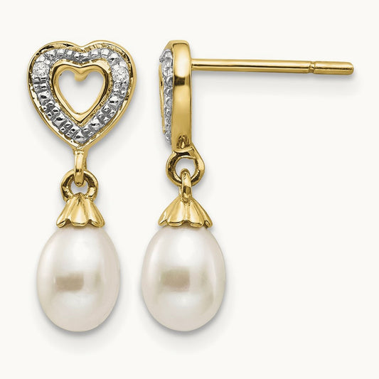 7x5mm Teardrop FWC Pearl .01ct Heart Diamond Dangle Earrings, 14K