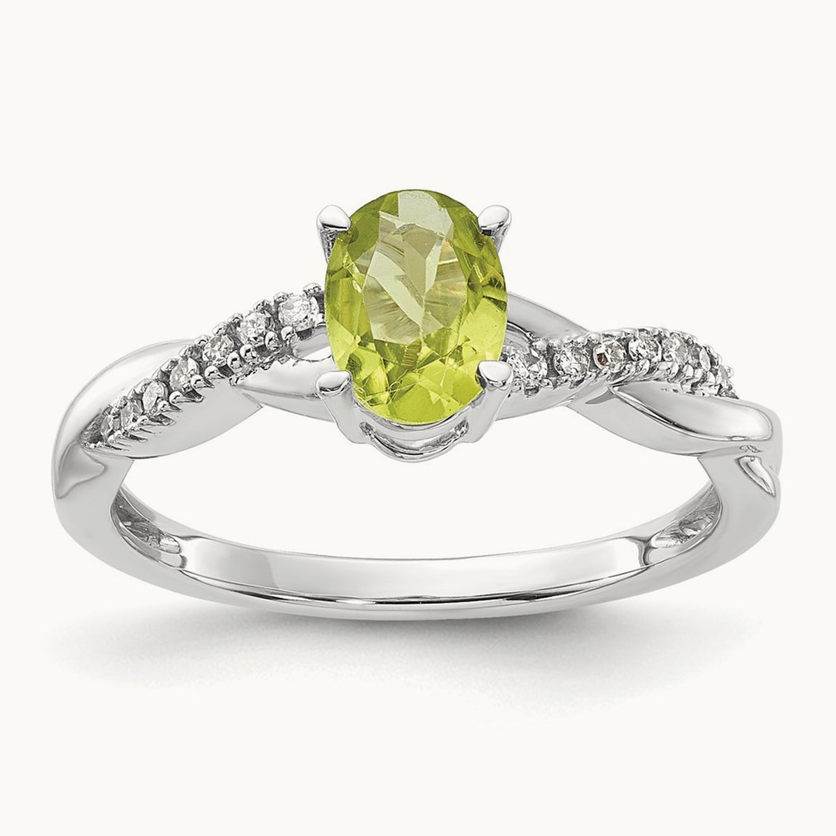 Oval Peridot and Diamond Ring — 14K White Gold, 7