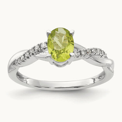 Oval Peridot and Diamond Ring — 14K White Gold, 7
